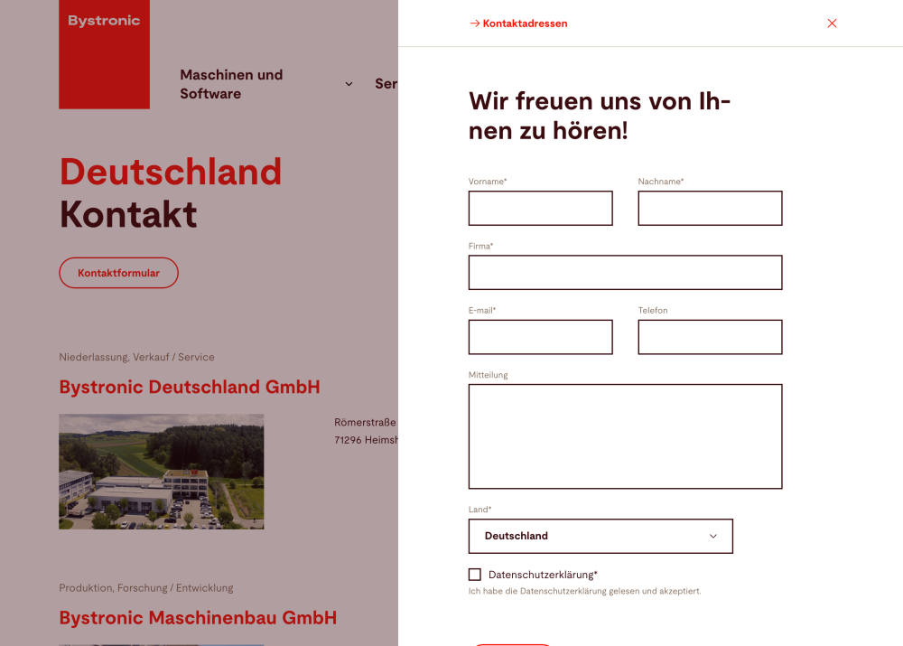 Kontaktformular Bystronic mit Vorauswahl Deutschland