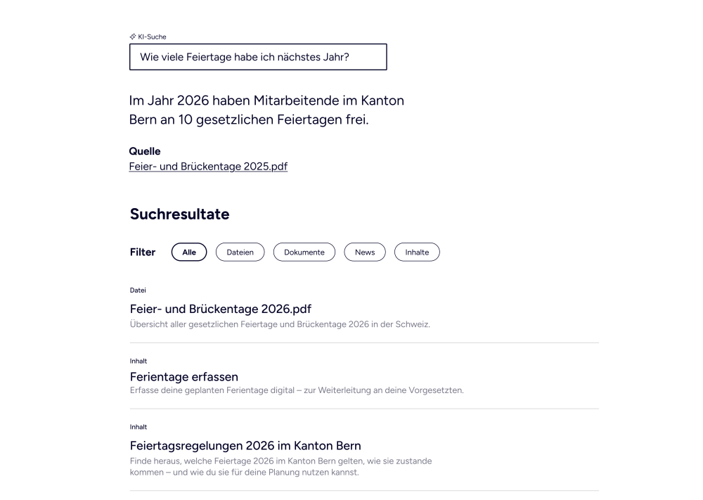 Prototyp einer KI-Suche mit Suchresultat zu Schweizer Feiertagen