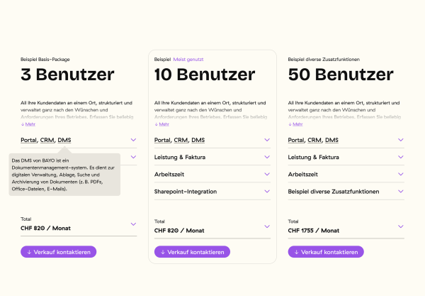 Drei Preispläne für 3, 10 und 50 Benutzer mit Funktionen wie Portal, CRM und DMS sowie monatlichen Kosten.