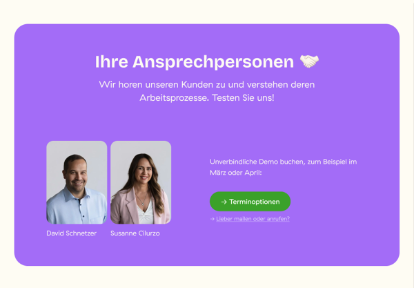 Zwei Teammitglieder mit Porträts und Hinweis auf persönliche Beratung und Demo-Termin.