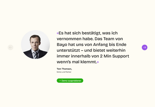Porträt eines Kunden mit Zitat zur positiven Erfahrung und schnellem Support durch das Bayo-Team.