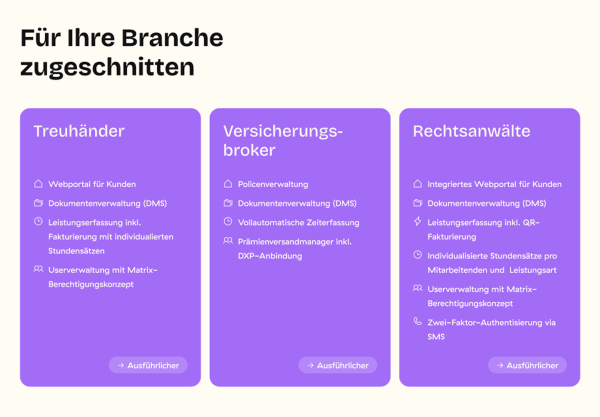 Drei Karten mit Lösungen für Treuhänder, Versicherungsbroker und Rechtsanwälte mit jeweiligen Funktionen.