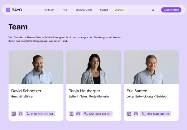 Drei Mitarbeitende mit Porträts, Namen und Funktionen innerhalb des Unternehmens.